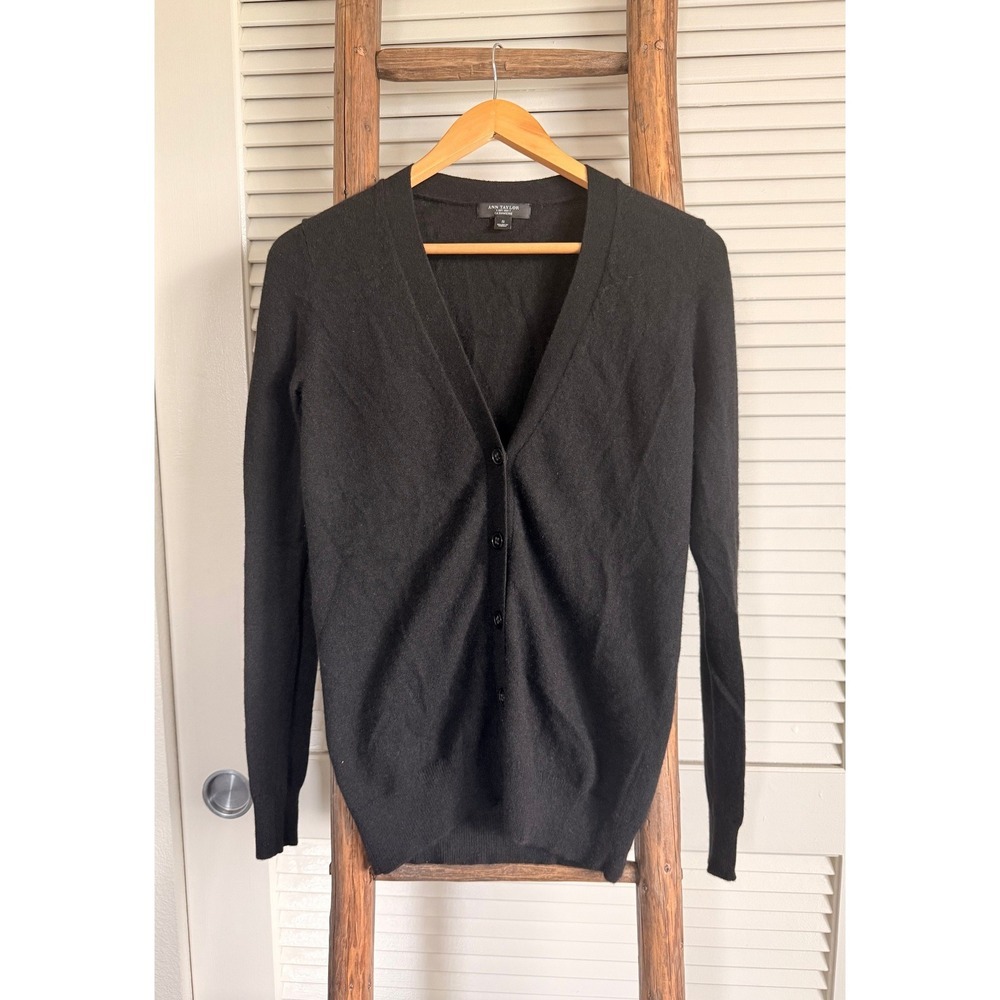 Ann Taylor Black‎ Cashmere V Neck Button Front Cardigan Sweater Womens Size S